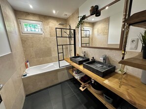 Shower, hair dryer, towels, soap