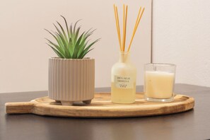 Shower, towels, soap, toilet paper