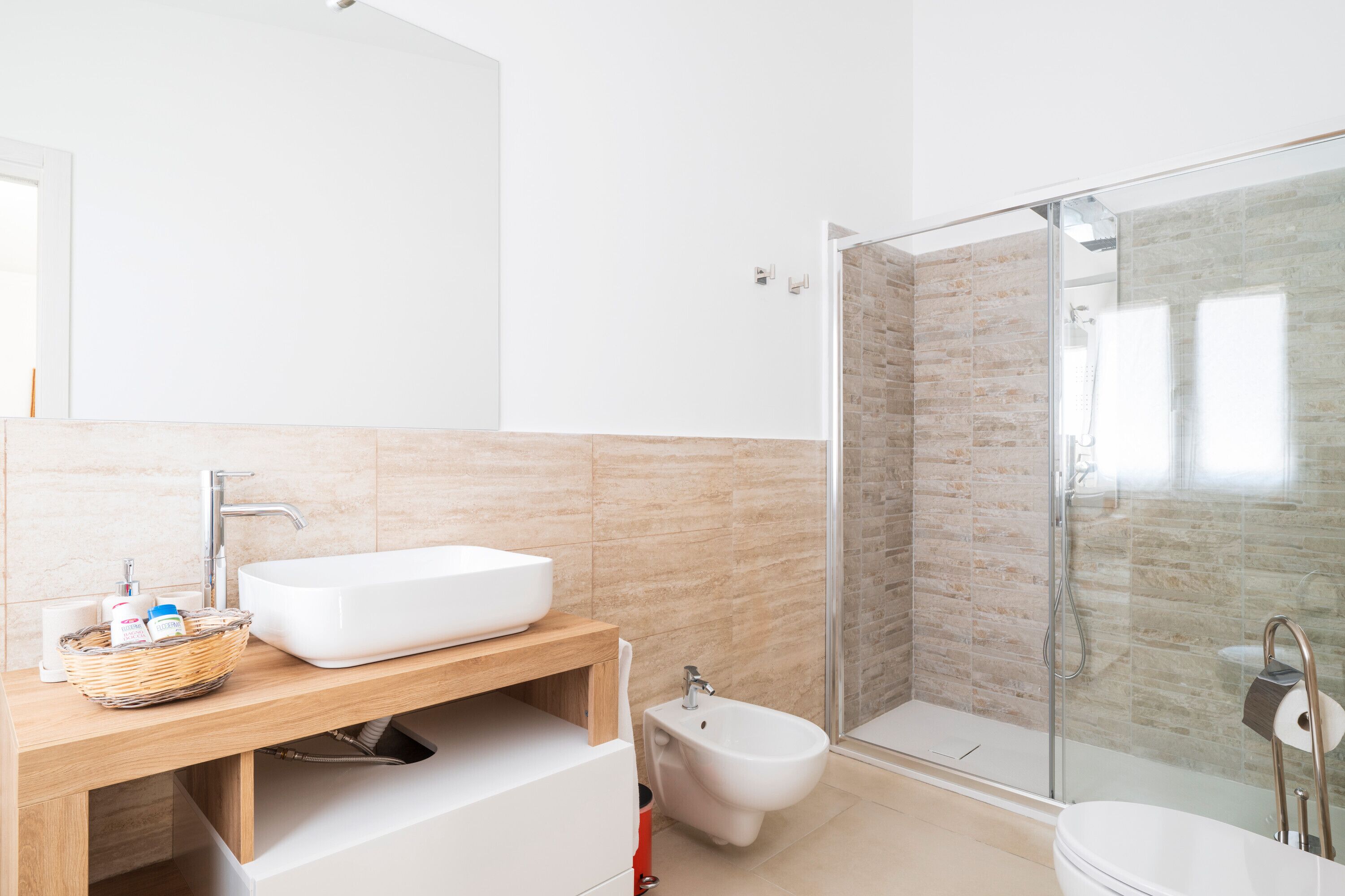 Shower, hair dryer, towels