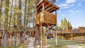 Une cabane en bois perchée dans les arbres, située dans une zone boisée, et accessible par un sentier pavé de pierres.