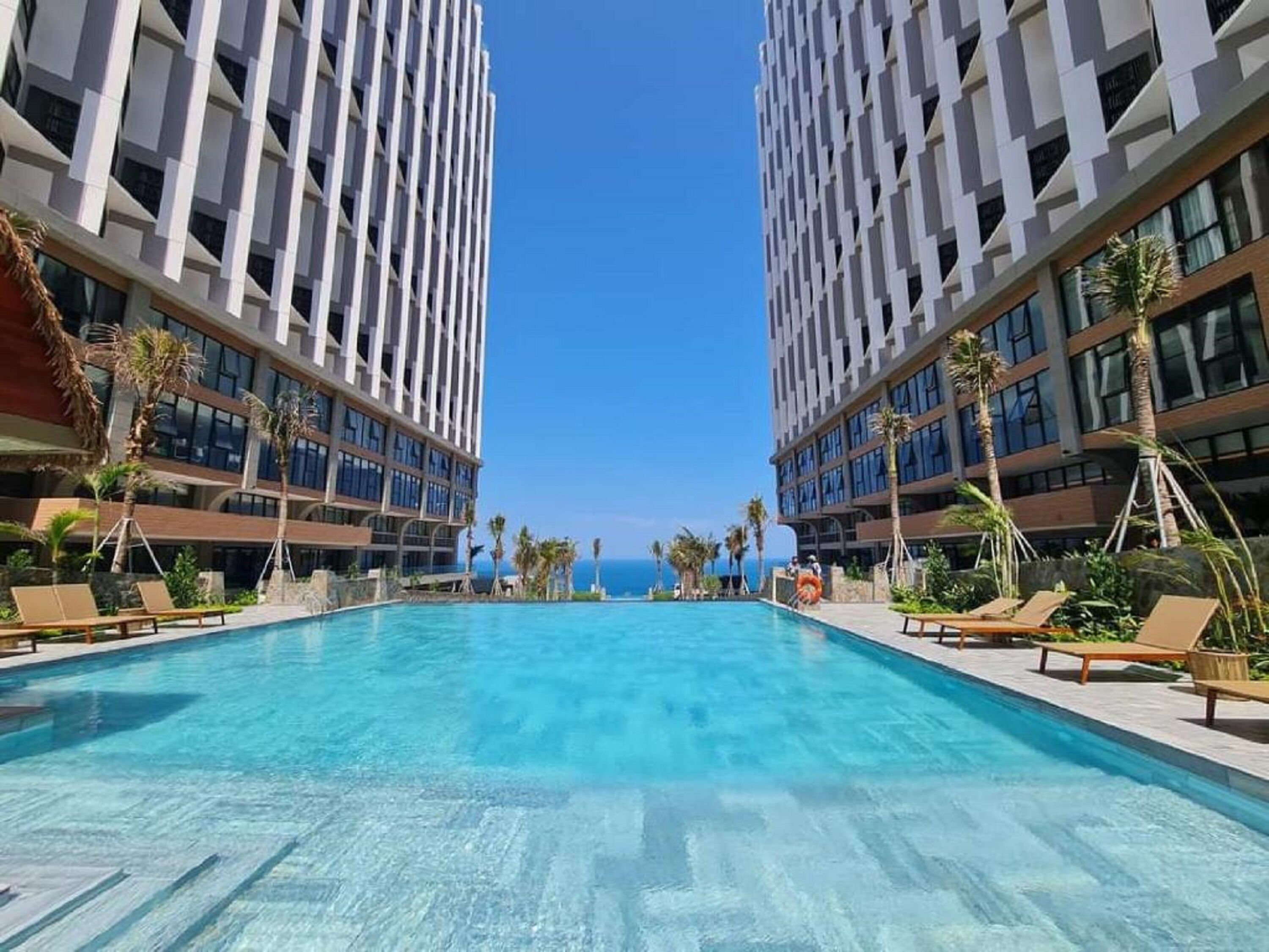 Une piscine entourée de chaises longues et de palmiers, le tout bordé de bâtiments modernes dotés de grandes fenêtres.