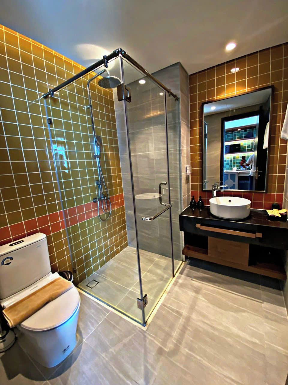 A modern bathroom with a glass-enclosed shower, a white toilet, and a vanity with a mirror.