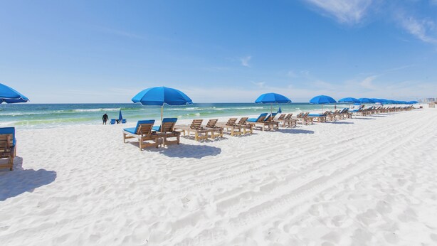 A beach with rows of sun loungers and umbrellas, a clear sky, and the ocean in the background. - Gulf-Front Luxury! Regency 501 – Modern Remodel + Incredible Views (Panama City Beach)