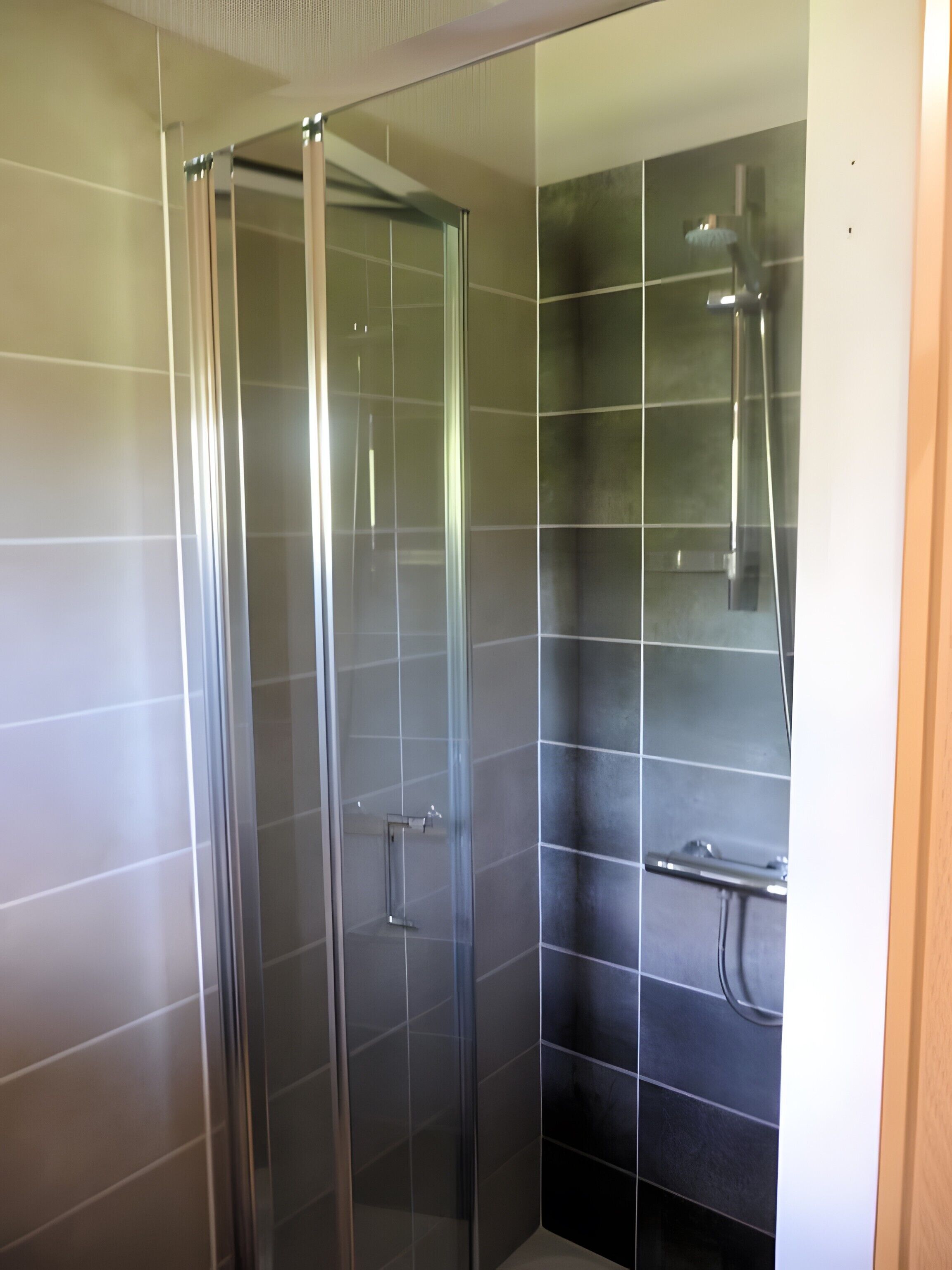 Ein modernes Badezimmer mit einer Duschkabine aus Glas, einer Handbrause und einem an der Wand befestigten Handtuchhalter.