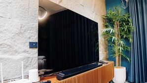 A modern living room with a large flat-screen TV mounted on a textured stone wall, a wooden entertainment unit with remote controls, a potted bamboo plant, and a dark curtain. - Executive 2-bedroom condo in Subic Bay Freeport Zone (Subic Bay Freeport Zone)