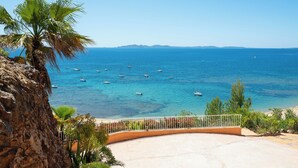 A coastal view with boats, a palm tree, and a curved pathway leading to a beach.
