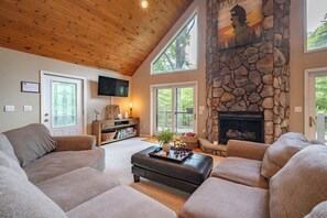 Smart TV, chimenea, reproductor de DVD, libros