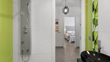 Shower, hair dryer, towels