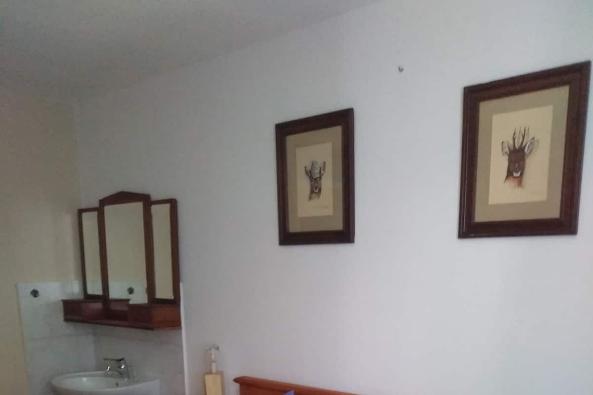 Une chambre d’hôtel standard, comprenant un lit, une table de chevet, une commode, un miroir, un lavabo fixé au mur et deux tableaux encadrés accrochés au mur.
