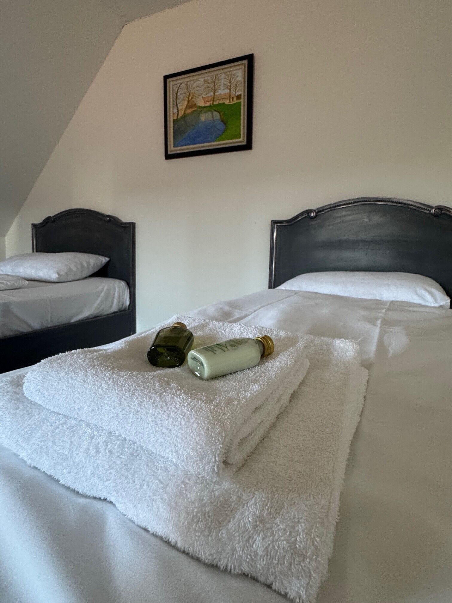 Een hotelkamer met twee bedden, een witte handdoek en twee flessen op het bed.