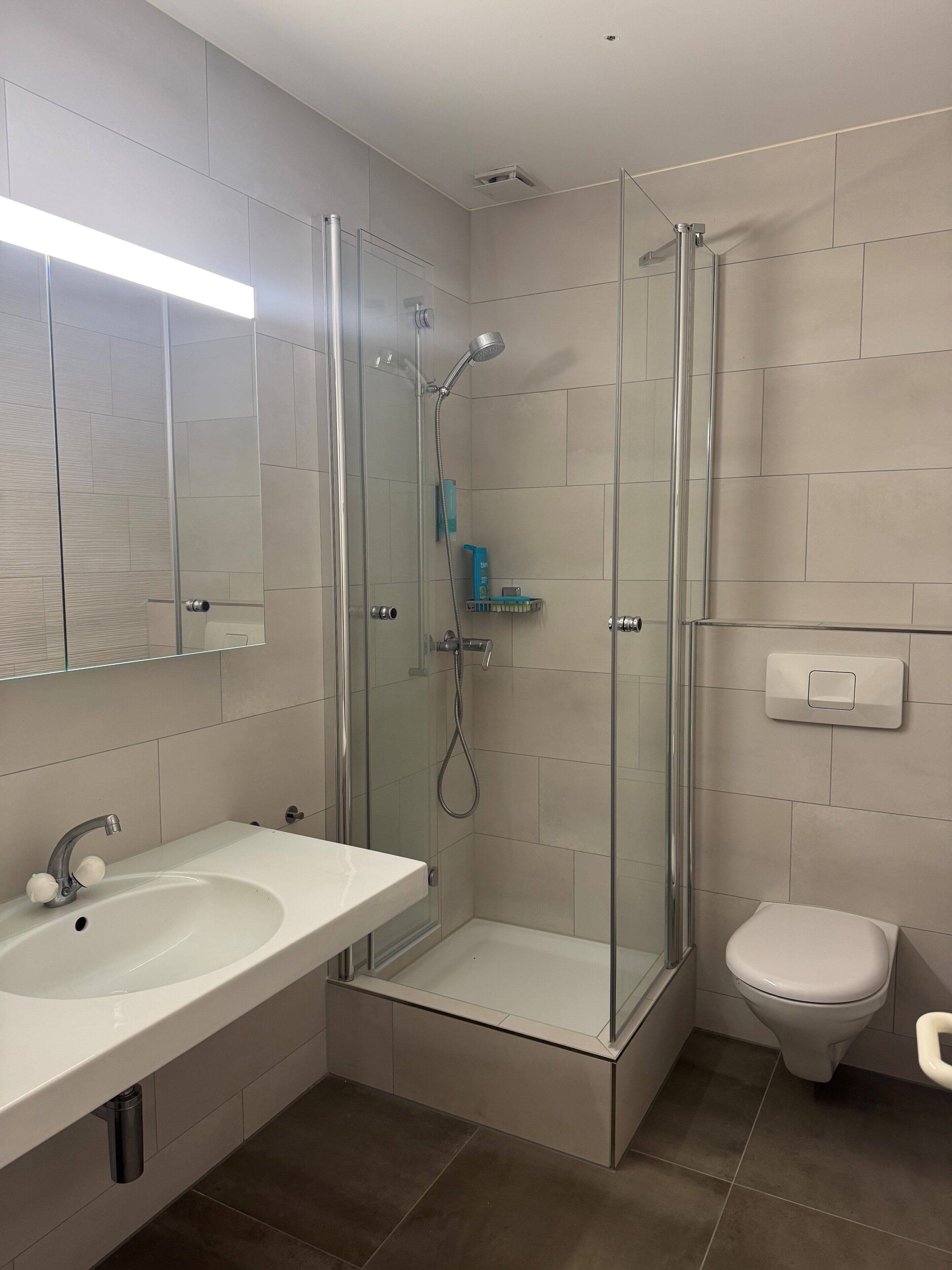 A modern bathroom with a glass-enclosed shower, a white sink, and a toilet.