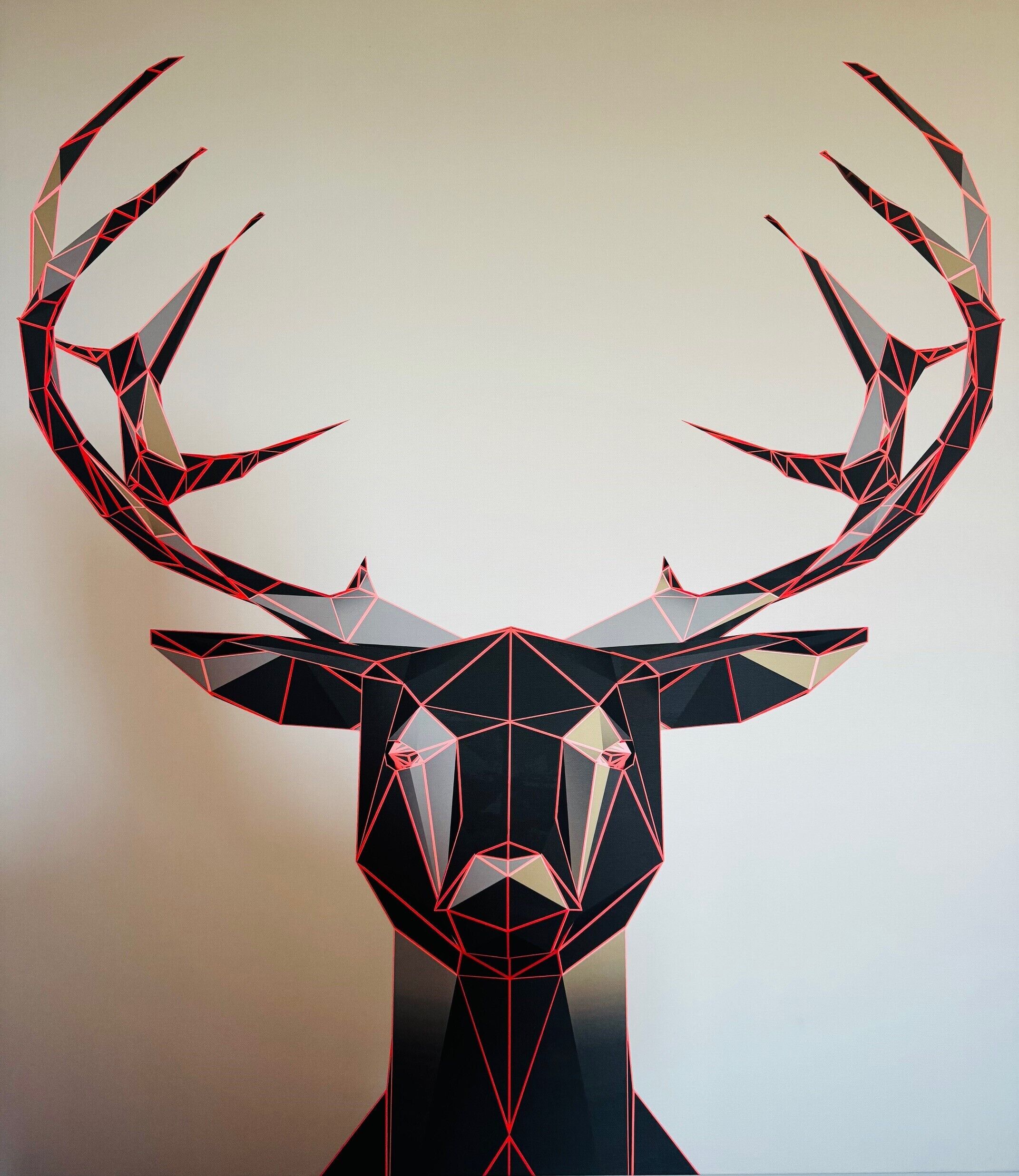 A geometric, abstract deer head sculpture.
