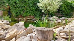 A garden with a pond, rocks, and greenery. - Oázis Hotel Apartments (Nagykanizsa)