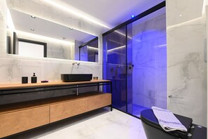 Shower, hair dryer, towels