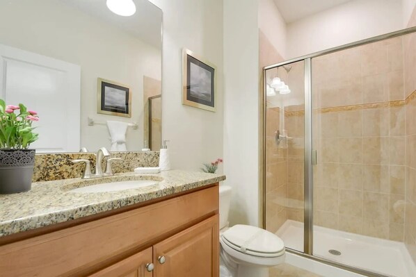 A bathroom with a granite countertop, a white toilet, a glass-enclosed shower, and a potted plant.