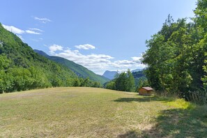 Un champ verdoyant avec une petite cabane en bois, entouré d’une forêt dense et verdoyante, et des montagnes en arrière-plan.
