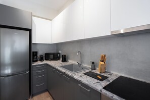 Superior appartement, 2 slaapkamers, balkon, uitzicht op stad | Privékeuken | Een koelkast, een magnetron, een oven, een kookplaat