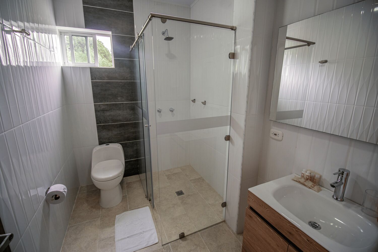 Een badkamer met een douchecabine van glas, een toilet, een wastafel en een spiegel.