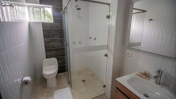 Een badkamer met een douchecabine van glas, een toilet, een wastafel en een spiegel.