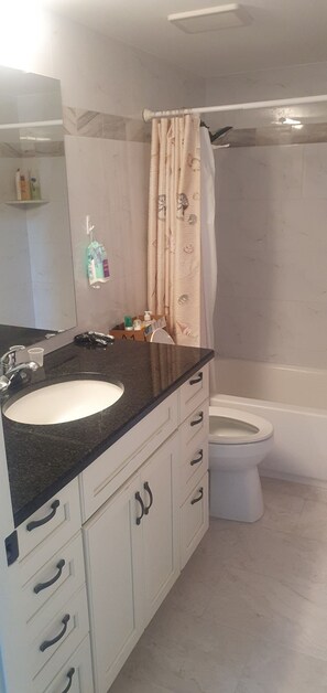 Hair dryer, towels, soap, toilet paper