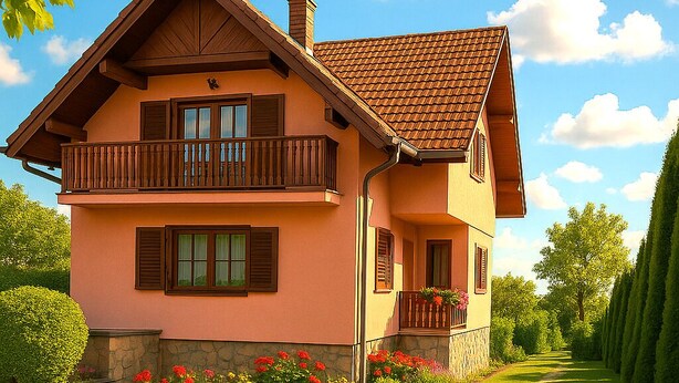 A house with a balcony, a garden with flowers, and a table with a cup and croissants.