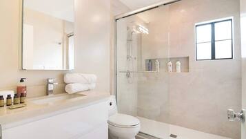 Shower, hair dryer, shampoo
