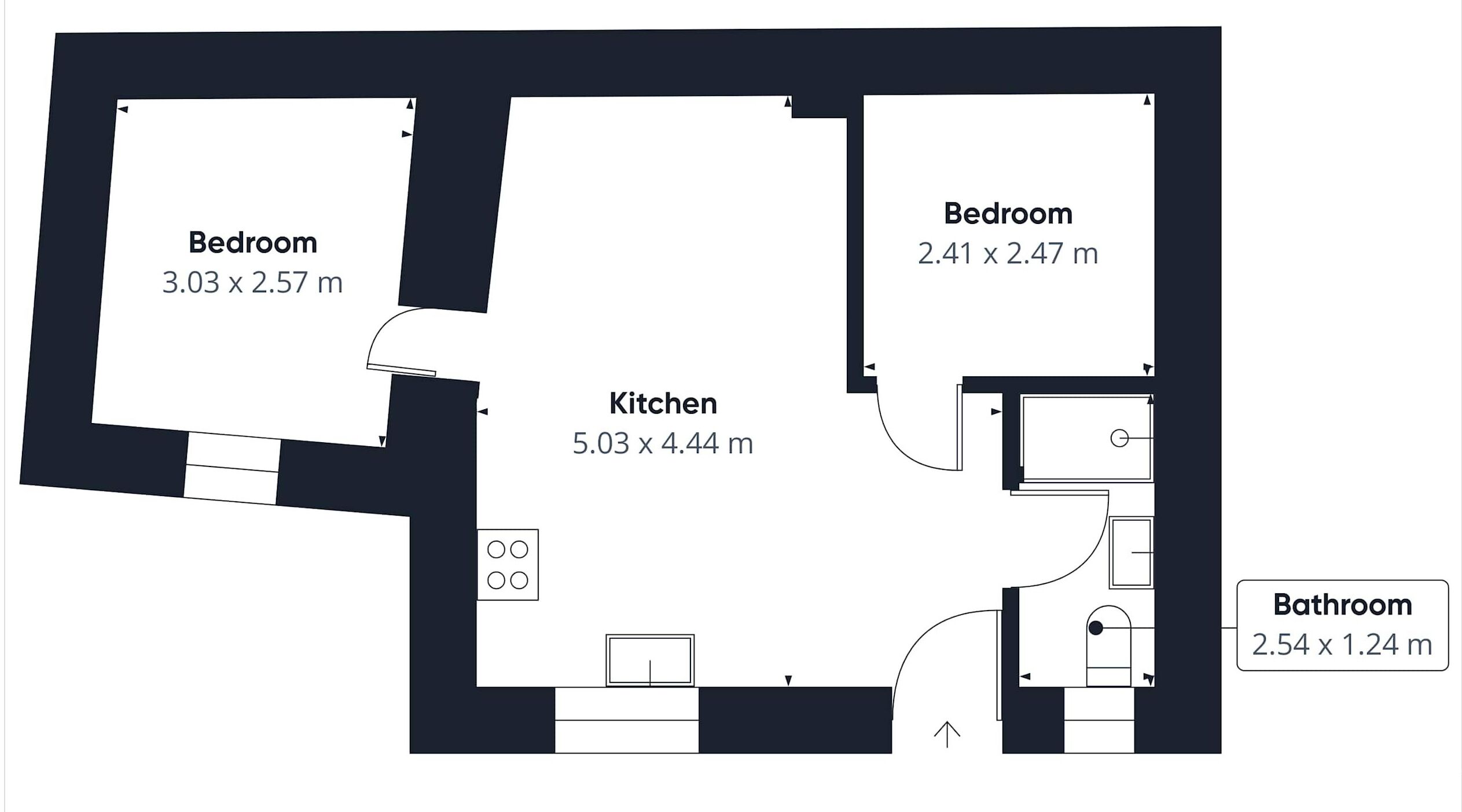 Grundriss eines Hauses mit einem Schlafzimmer (3,03 x 2,57 m), einem kleineren Schlafzimmer (2,41 x 2,47 m), einer Küche (5,03 x 4,44 m) und einem Badezimmer (2,54 x 1,24 m).