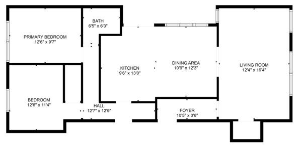 A floor plan with a primary bedroom, secondary bedroom, bathroom, kitchen, dining area, living room, hall, and foyer. - Charming 2BD W/ Parking 15 Mins from Downtown (Milwaukee)