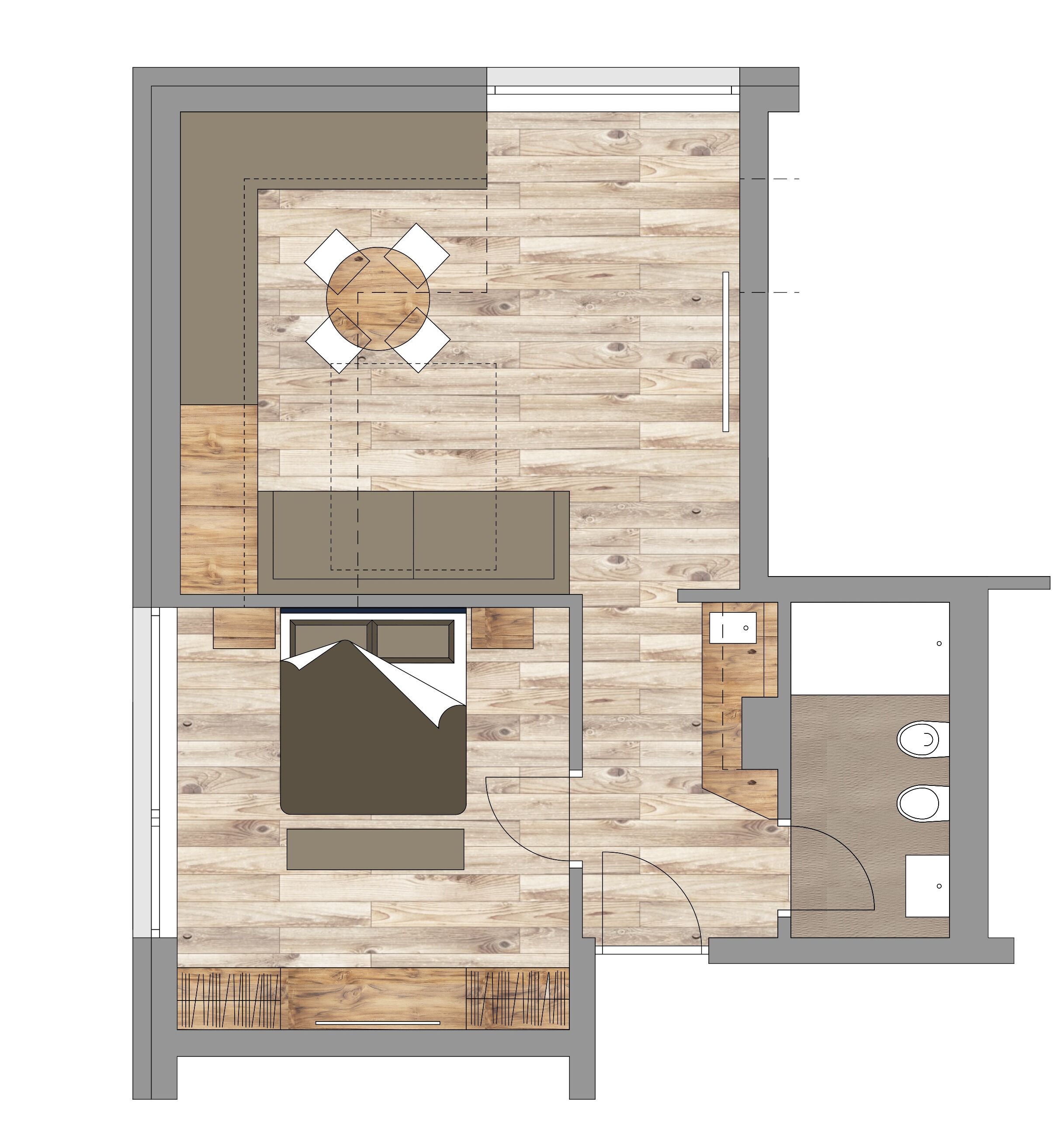 A floor plan of a hotel room with a bed, a small seating area, a bathroom, and a kitchenette.