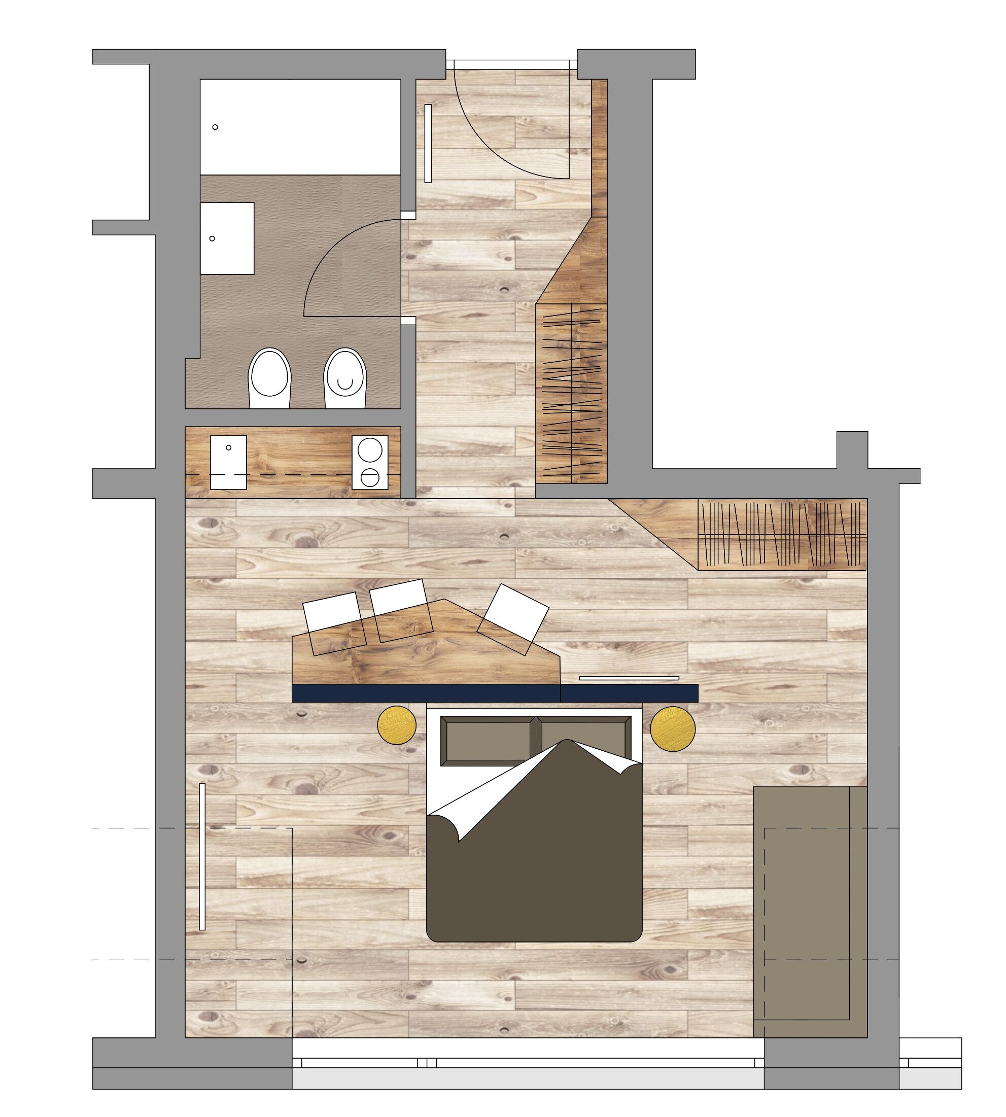 A floor plan of a hotel room with a bed, a desk, a chair, a wardrobe, and a bathroom.