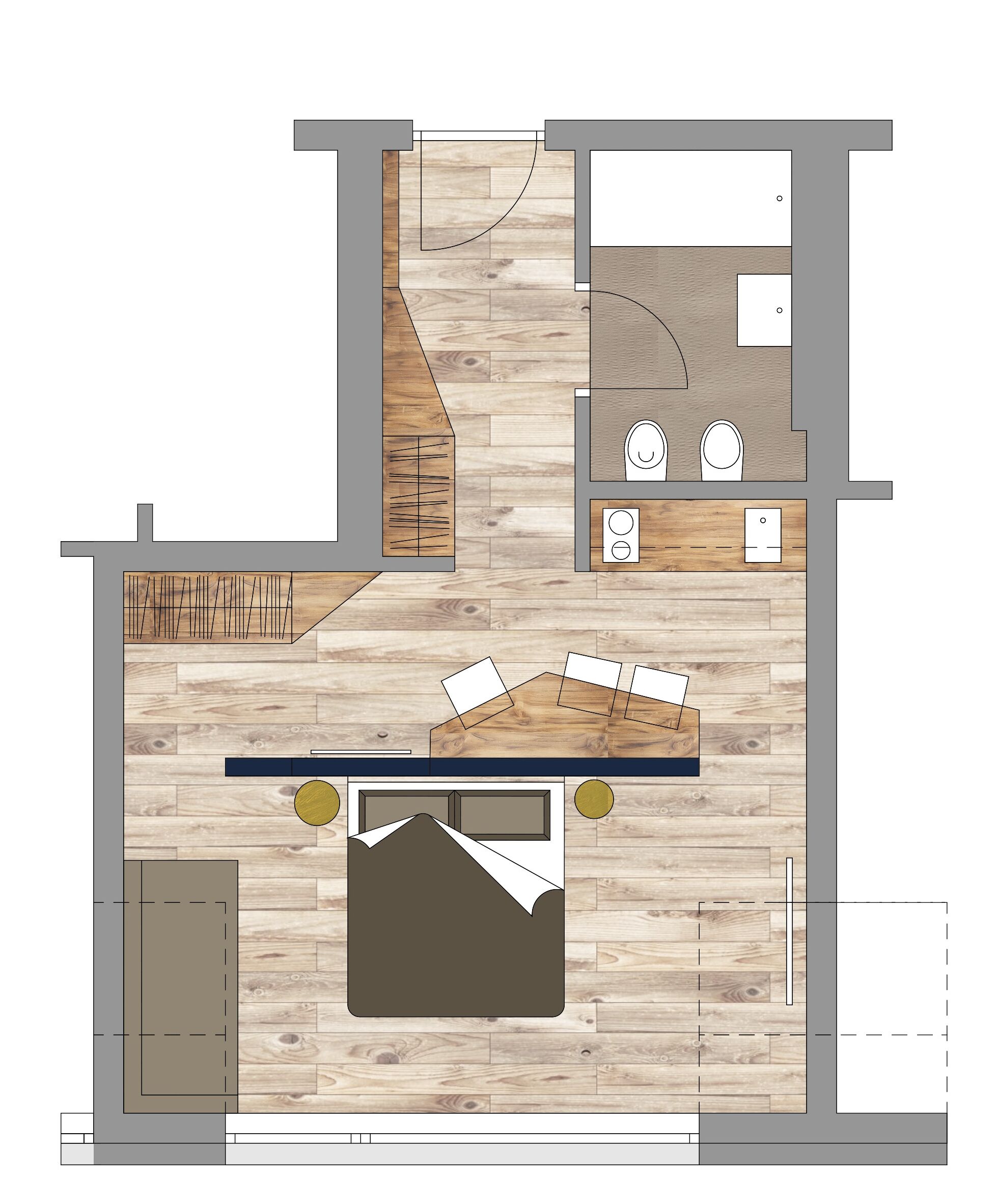 A floor plan of a modern apartment with a kitchen, dining area, and a living room.