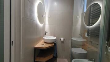 Shower, hair dryer, bidet, towels