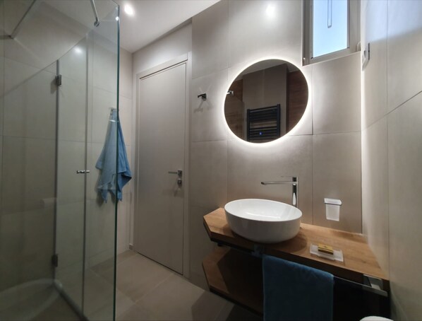 Shower, hair dryer, bidet, towels