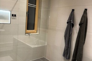 Shower, towels, soap, toilet paper