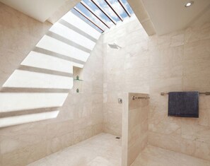 Shower, rainfall showerhead, towels, soap