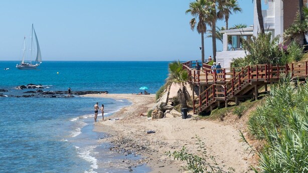 Una playa con un paseo de madera que lleva a un edificio, palmeras y un velero a lo lejos.