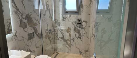 A bathroom with a glass-enclosed shower, a toilet, and a sink.