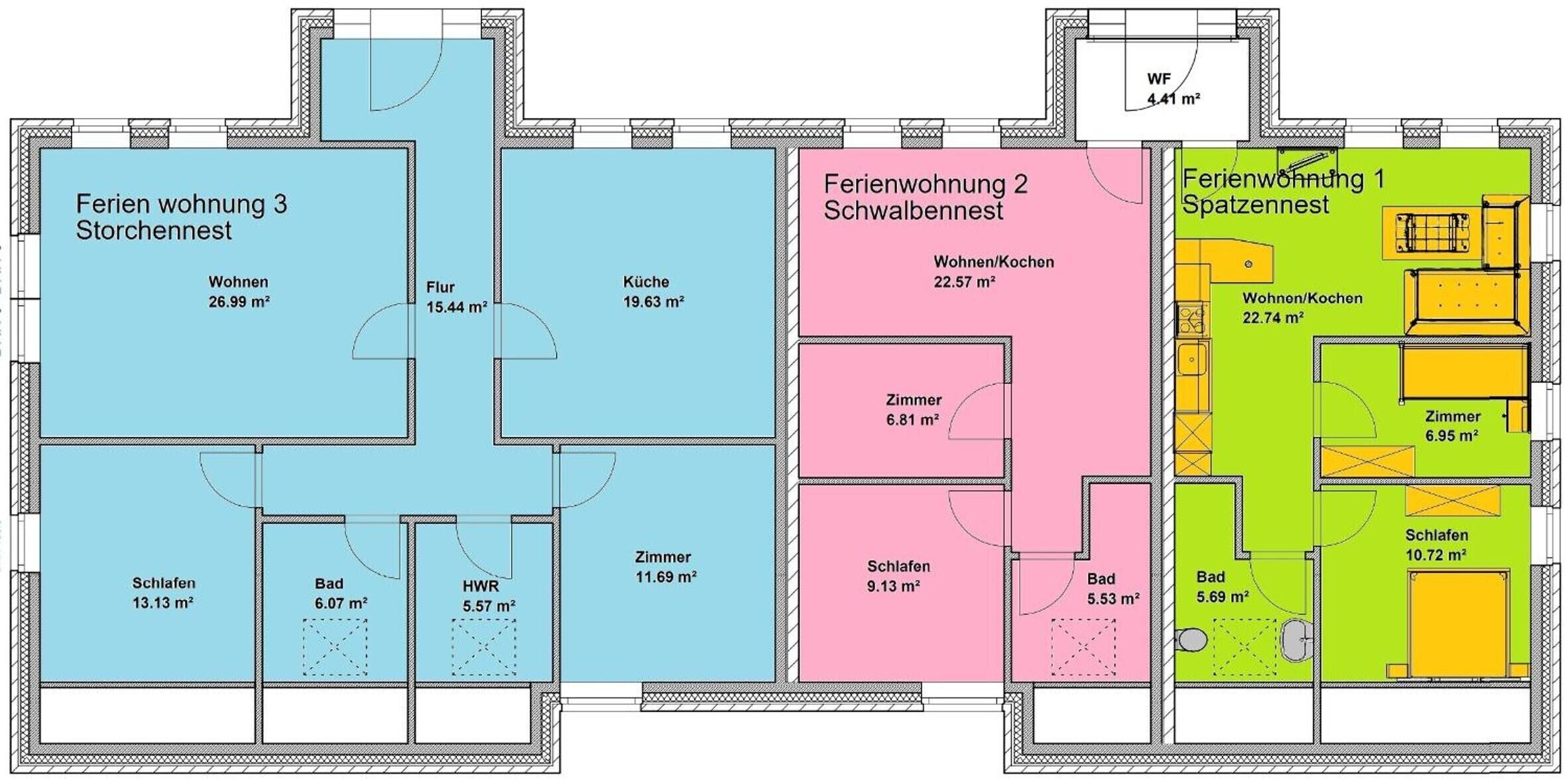 Voici le plan d’un hôtel comprenant trois chambres, chacune dotée d’une salle de bain, d’un salon et d’une chambre à coucher. La superficie des chambres varie, la plus grande mesurant 26,99 m² et la plus petite, 13,13 m².