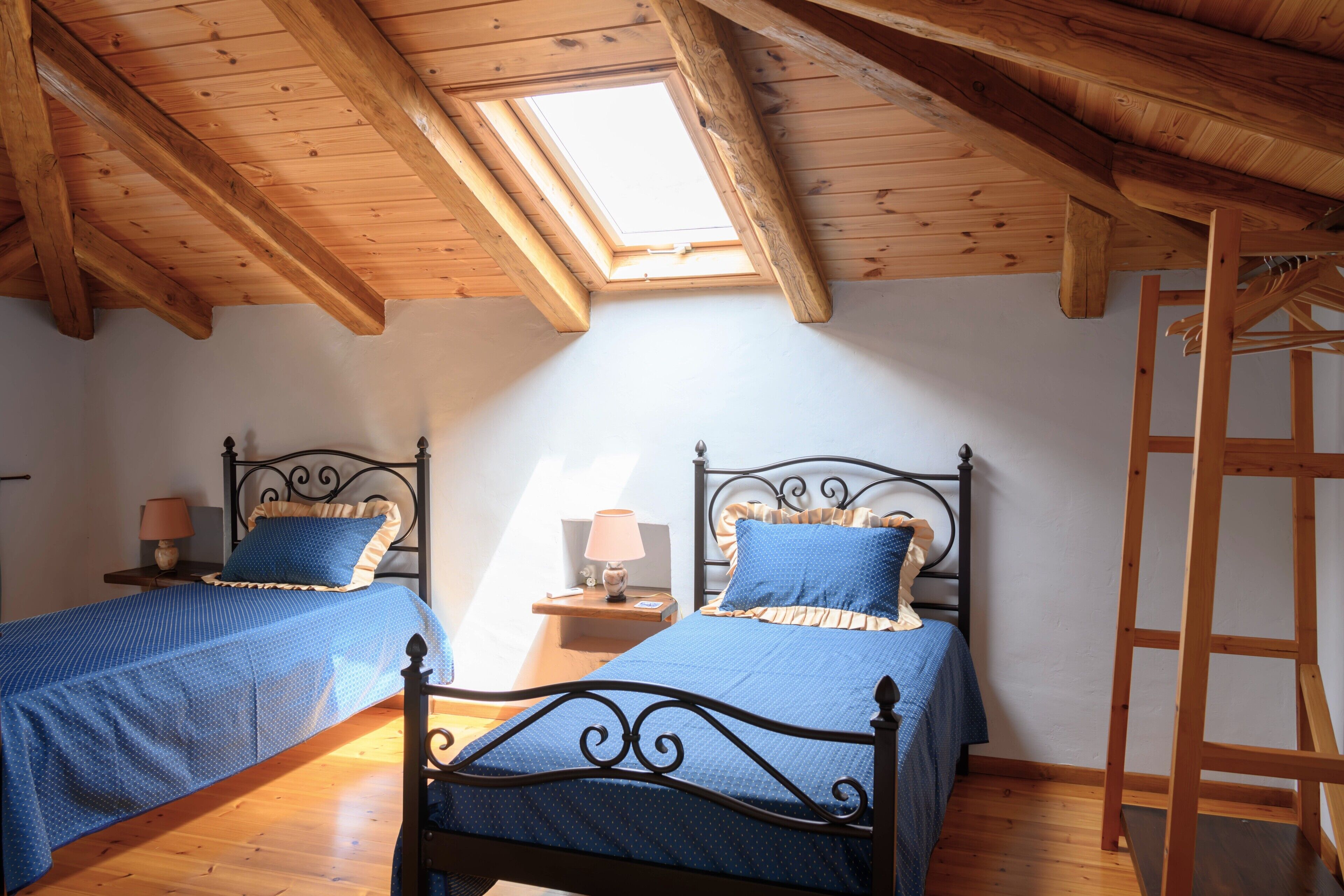 A bedroom with two beds, wooden beams, a skylight, and a wooden ladder.