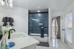 Hair dryer, towels, soap, toilet paper