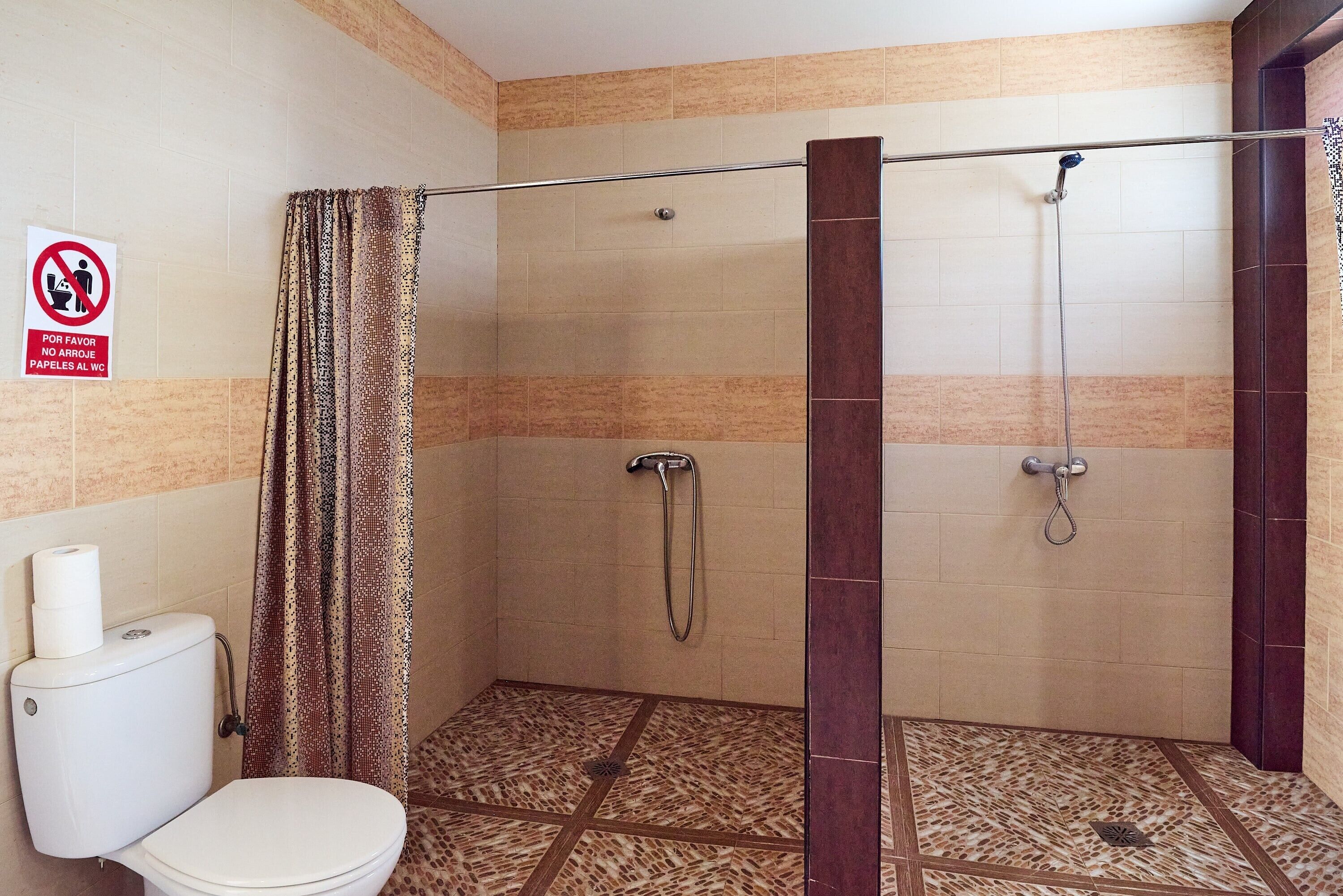 A shower area with a showerhead, a toilet, and a patterned floor.