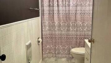 Hair dryer, towels, soap, toilet paper