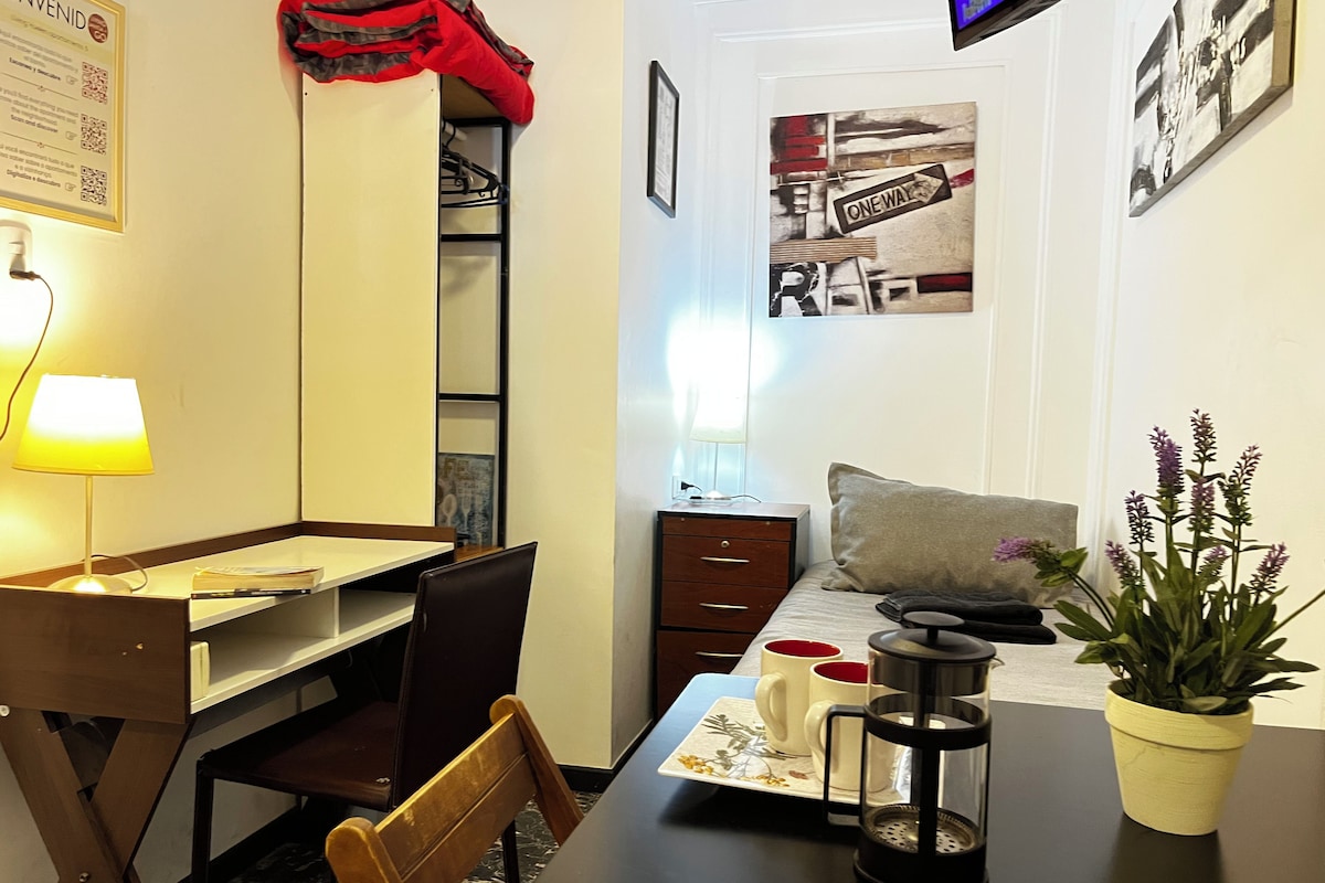 Habitación de hotel con escritorio, silla, cama, mesita de noche, lámpara y planta en maceta.