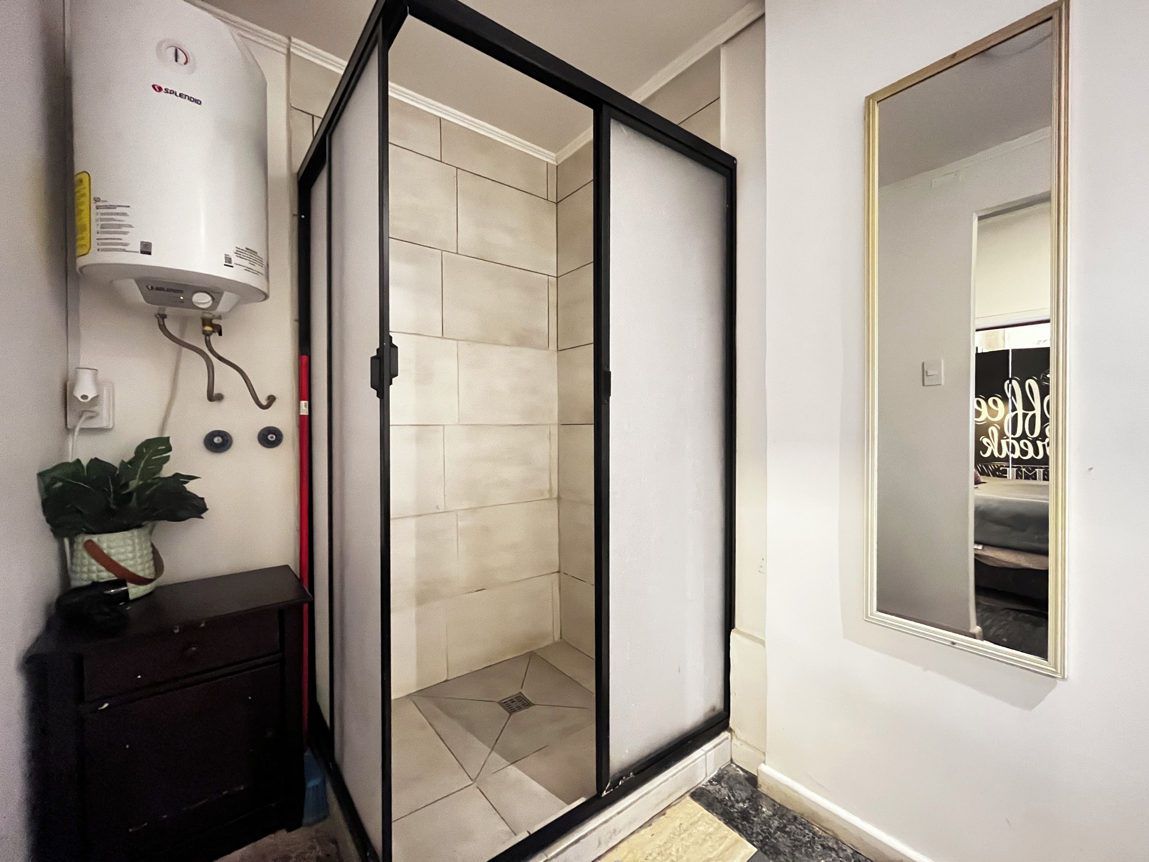 Un baño con cabina de ducha de vidrio, un calentador blanco instalado en la pared, una planta en maceta y un mueble de color oscuro.