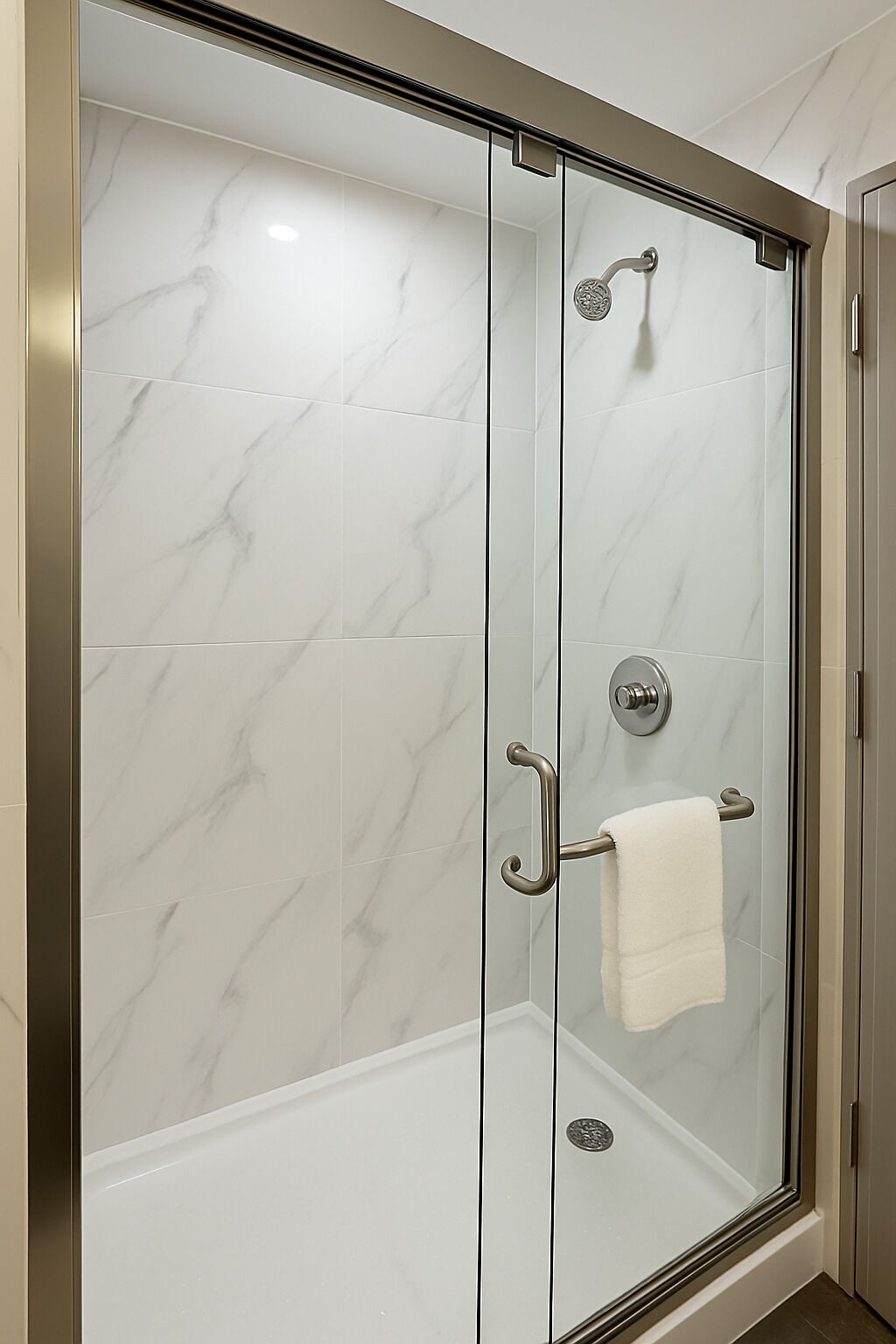 A glass-enclosed shower with a marble wall, a towel rack, and a showerhead.
