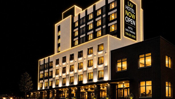 A multi-story hotel with illuminated signage, a well-lit entrance, and a reflective water surface in front. - LIV Hotel Bronx - Newly Built (Bronx)