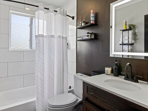 Hair dryer, towels, soap, toilet paper