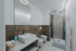 Douche, séchoir à cheveux, bidet, serviettes fournies