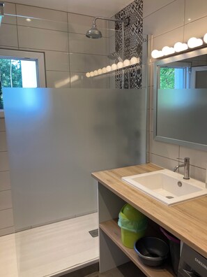 Shower, hair dryer, towels, toilet paper