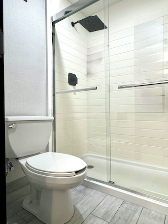 Rainfall showerhead, hair dryer, towels, soap. The Wexford Hotel